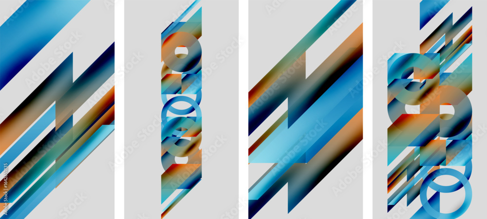 Poster abstract geometric design. four panels display layered blue, orange shapes. diagonal lines create dy
