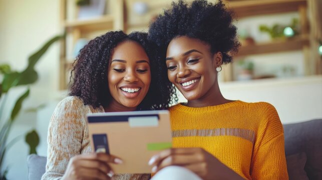 Smiling woman holding credit card and shopping online with sister on tablet pc at home