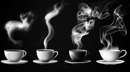 Set of wavy steam on water, tea, coffee, food. Realistic icons of white hot smoke isolated on transparent backdrop