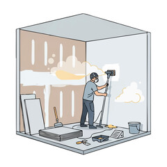A worker in protective gear sands a wall in a room under renovation, showing dust clouds and renovation supplies.