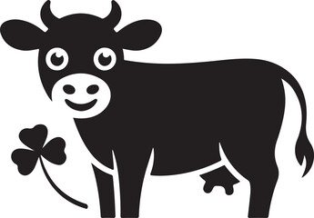 A Black and white cow silhouette drawn in black on a white background