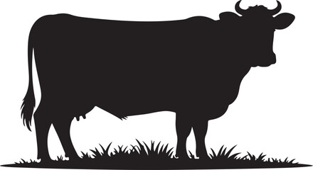 A Black and white cow silhouette drawn in black on a white background