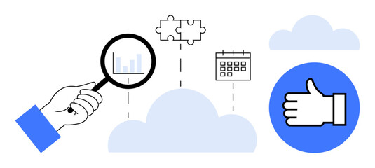 Hand holding magnifying glass viewing bar chart, connected to puzzle, calendar, and approval icons within a cloud network. Ideal for analysis, teamwork, planning, strategy, collaboration approval