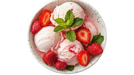 Strawberry ice cream scoops with fresh berries and mint garnish on transparent background
