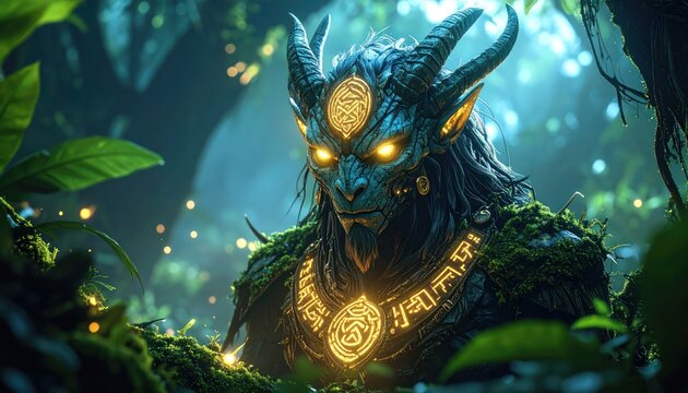 Mythical Creature in Enchanted Forest with Fantasy Art Illustration.