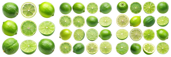 Lime Collection Whole and Halved, Isolated on Transparent Background, Food Photography, Citrus, Lime, Fruit, Green