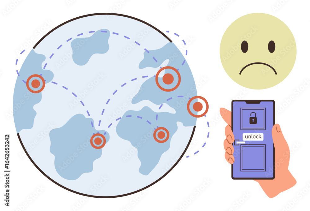Poster globe with location markers and dashed connection lines, smartphone with lock and unlock button, sad