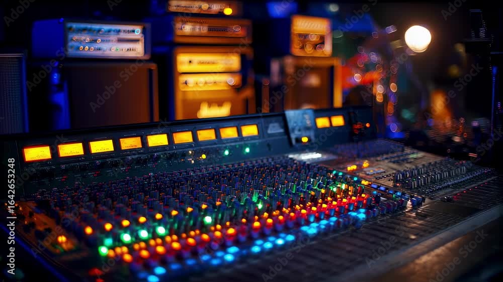 Poster detailed view of multicolored leds blinking rhythmically on a sound engineers mixing console while a