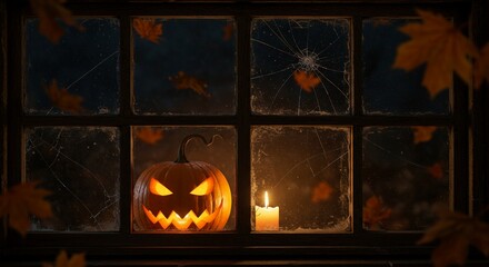 Eerie Halloween pumpkin with candle glows through cracked window on spooky autumn night creating magical haunted vibes
