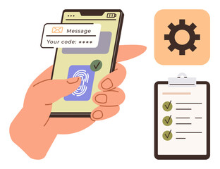 Hand holding smartphone with fingerprint scanner, security code message, gear icon, and clipboard checklist. Ideal for authentication, cybersecurity, technology, organization, verification