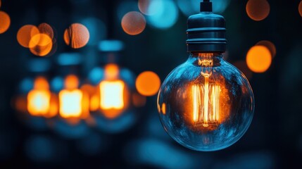 Warm, glowing vintage bulb in bokeh background