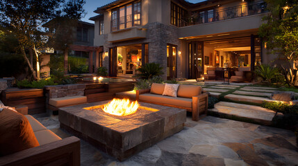 Backyard fire pit at dusk, modern home in background. Possible use Stock photo for home improvement, landscaping, outdoor living