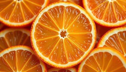 Close-up of vibrant orange slices, juicy segments arranged artfully,   summer background,  template