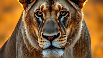 Obraz premium Intense Lioness Portrait with Detailed Fur on Golden Savanna