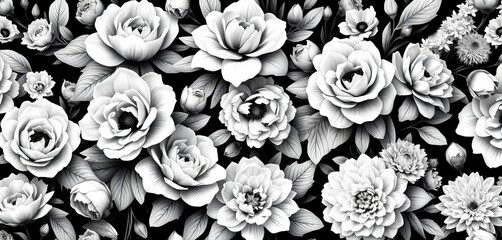Elegant monochrome floral vector seamless pattern featuring roses, peonies, hydrangeas, and chrysanthemums,  illustration, seamless