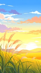 Obraz premium Vibrant sunrise over a golden wheat field with tall grass and colorful sky clouds creating a peaceful natural landscape scene