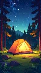 Serene night camping scene featu a glowing tent amidst tall pine trees under a starry sky with distant mountains and lush forest surroundings