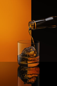 Whiskey Pour with Ice in Glass on Modern Orange and Black Background