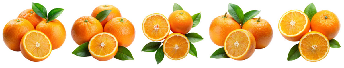Orange Fruit Composition Whole and Sliced Oranges with Leaves, Isolated on Transparent Background, Citrus, Fruit, Graphic