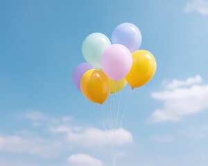 Colorful balloons floating upward, Sunshine and blue sky