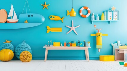 Children pretending their playroom is a submarine, decorating it with ocean-themed drawings and objects.