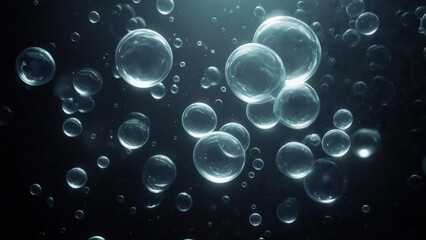 Sparkling, translucent bubbles in dark background