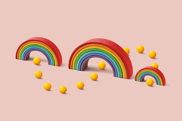 Workflow process with rainbow arches and yellow balls
