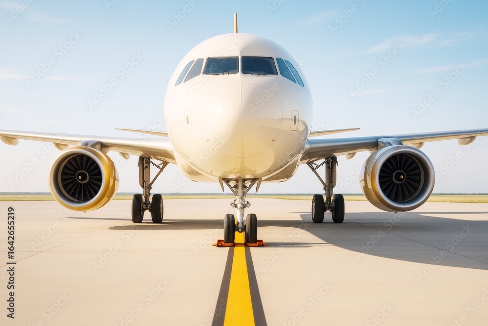 Poster front view of modern passenger airplane parked on runway under clear sky with soft light and minimal