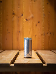Beverage Can Mockup on Wooden Surface with Natural Wood Background