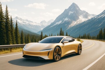 Futuristic gold electric concept car driving on scenic mountain road with pine trees and snowy peaks in natural daylight background.