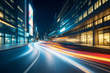 Naklejka premium Motion blur light trails on urban street at night with modern buildings and illuminated windows in dynamic abstract city background concept.