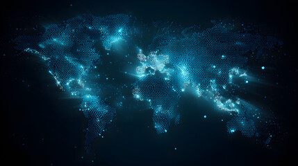 Digital blue world map on dark background with glowing continents
