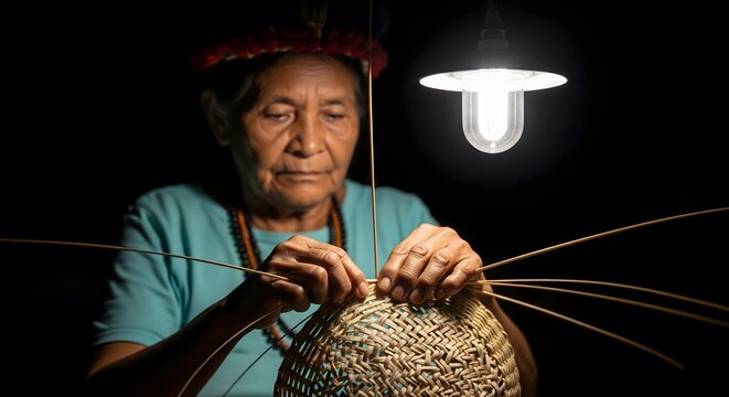 Hands of an Indigenous Amazonian Woman Weaving a Basket, Illuminated by a Solar Lamp.