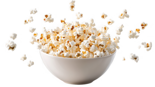 Overflowing bowl of popcorn with floating kernels, snack time on transparent background