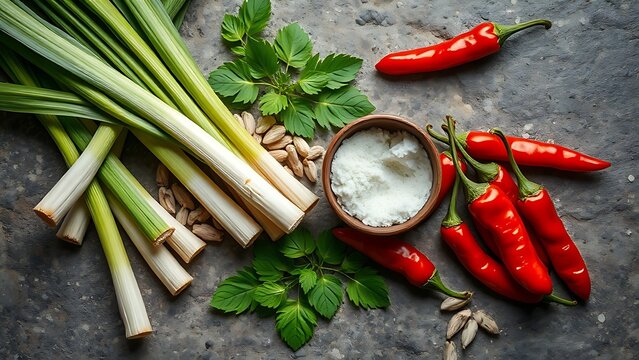 Vibrant Asian ingredients like lemongrass and chili peppers arranged on a rustic stone surface in an overhead view.
