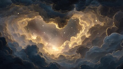 Surreal digital artwork of golden clouds forming heart-shaped frame around starry sky, glowing clouds twinkling stars creating magical ethereal whimsical celestial scene.