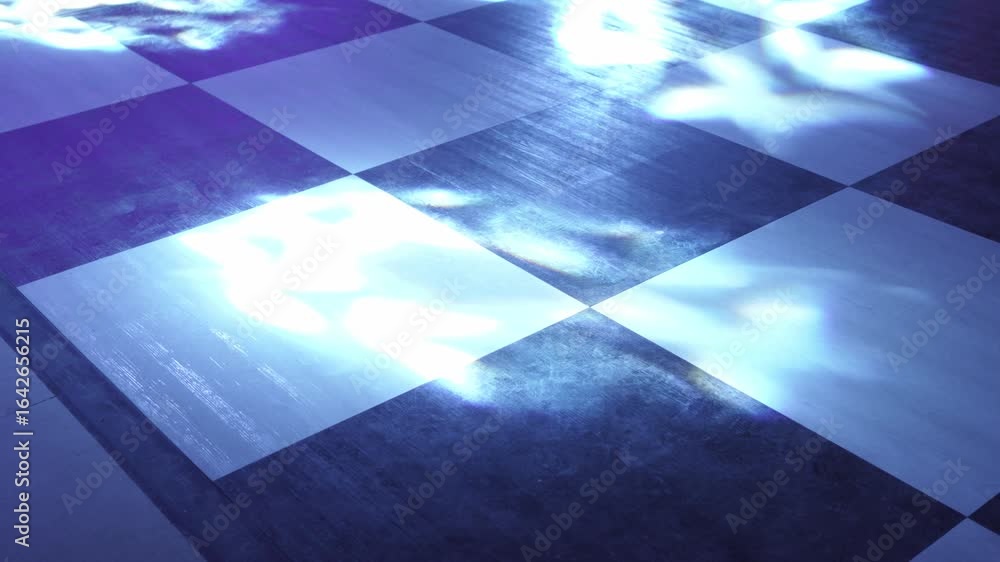 Poster close up of a checkered dance floor lit with dynamic blue and white light patterns for an event