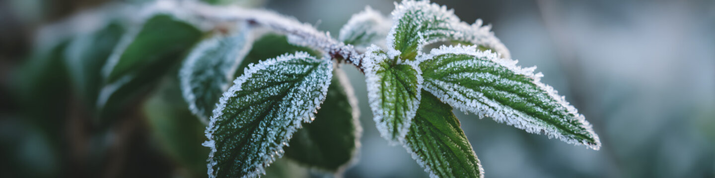 Fototapeta A close-up shot of a plant leaf covered in frost, often used for winter or seasonal themes