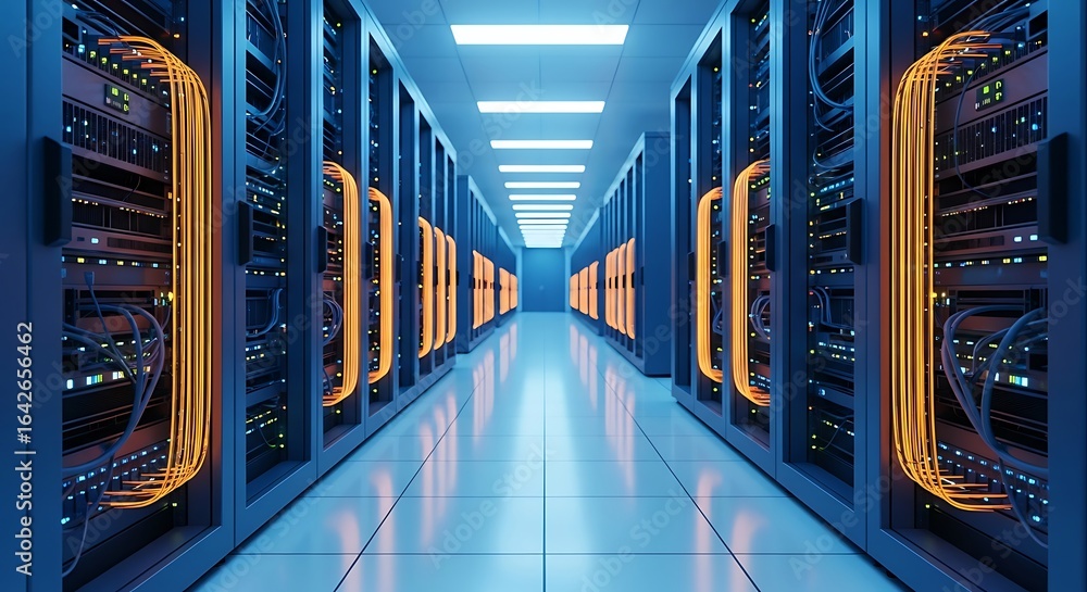 Poster a server room with rows of computer racks and glowing orange cables