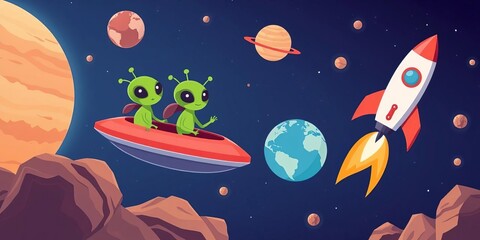 Cartoon green aliens explore Mars, Saturn, & Earth in spaceship & rocket Flat vector illustration,  graphic,  green creatures