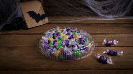fake,dim,shallow,tiny,plastic,halloween,candy,spooky,bowl,wrapped,bats,inviting,field,purple,cobwebs,vintage,treats,colorful