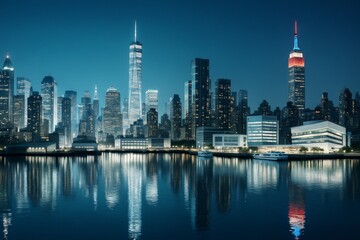 Obraz premium Futuristic city skyline with glowing skyscrapers and waterfront reflections under night sky, showcasing urban lightscape travel concept background.