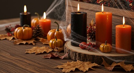 Spooky autumn vibes with glowing candles and pumpkins for a cozy Halloween celebration or festive fall decoration