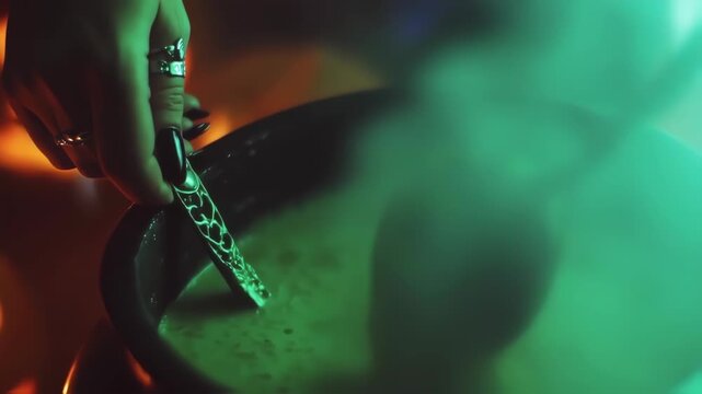 A hand stirs a cauldron, illuminated by vibrant green and orange light