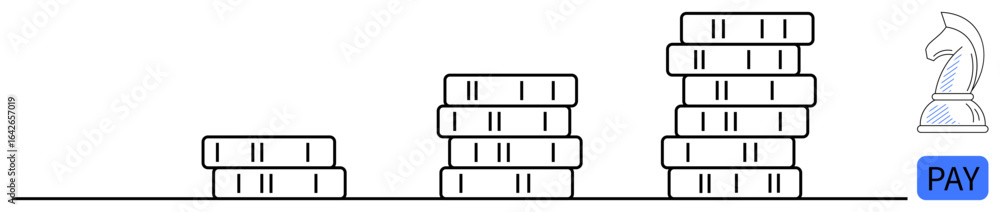Poster coins stacked to depict progress with chess knight symbolizing strategy and a pay button. ideal for 