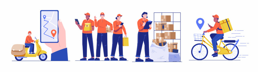 Delivery Service Concept illustration set. Collection of scenes with Delivery Service Team, Female Warehouse Worker Checking Parcel Inventory, Delivery Courier Riding on Bicycle