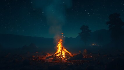 Fototapeta premium A solitary campfire surrounded by countless glowing embers under an endless prehistoric night sky.