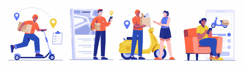 Delivery Service Concept illustration set. Collection of scenes with a Woman Ordering Scooter Delivery on a Mobile App, Courier Delivering Package to Customer