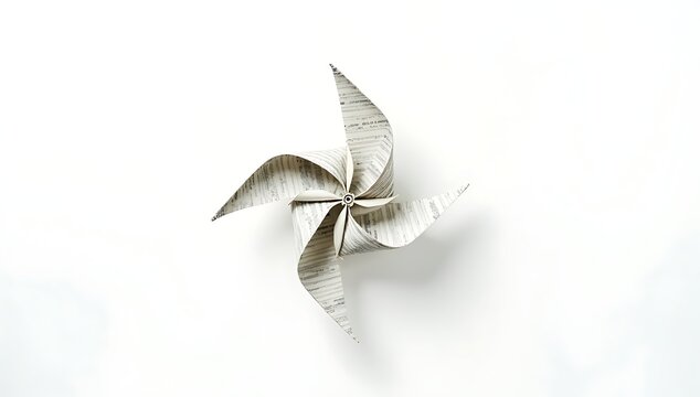 Floating paper origami windmill made from recycled newspaper, representing renewable wind energy, isolated on white.