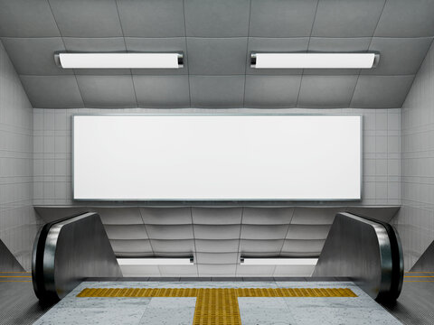 White Blank Escalator Landscape Billboard Mockup in Subway Station Underground